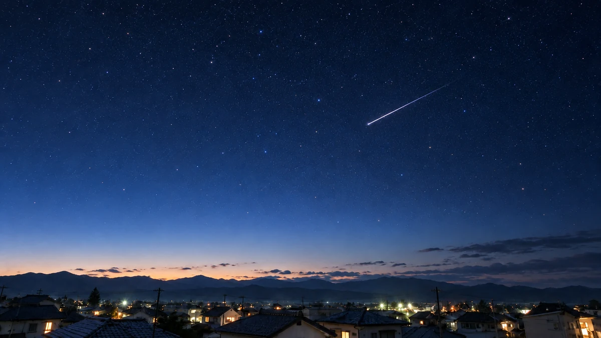 街の明かりが見える夜空を横切る一本の流れ星